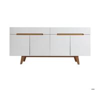 Buffet scandinave blanc laqué brillant et finition bois clair 4 portes 2 tiroirs L180 cm MELKA