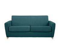 Canapé convertible 3 places en tissu bleu canard et bois clair avec matelas L140 cm 13 cm GRAHAM