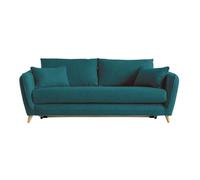 Canapé convertible scandinave 3 places en tissu bleu paon et bois clair avec matelas 10 cm CREEP