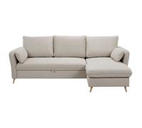 Canapé d'angle convertible réversible avec coffre 3-4 places en tissu beige et bois clair DRISS