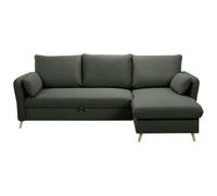 Canapé d'angle convertible réversible avec coffre 3-4 places en tissu vert kaki et bois clair DRISS