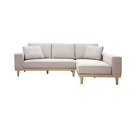 Canapé d'angle droit 5 places avec rangements en tissu effet velours texturé beige et bois clair KOMAO