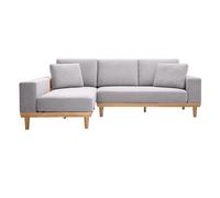 Canapé d'angle gauche 5 places avec rangements en tissu effet velours texturé gris clair et bois clair KOMAO