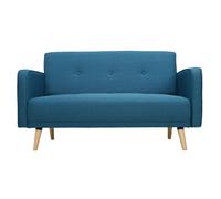 Canapé scandinave 2 places en tissu bleu canard et bois clair ULLA
