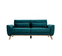 Canapé scandinave 3 places en tissu velours bleu pétrole et bois clair EKTOR