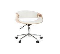 Chaise de bureau à roulettes design blanc, bois clair et acier chromé ARAMIS