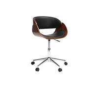 Chaise de bureau à roulettes design noir, bois foncé noyer et acier chromé BENT