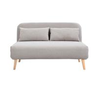 Chauffeuse 2 places convertible en tissu effet velours texturé beige et bois clair AMIKO