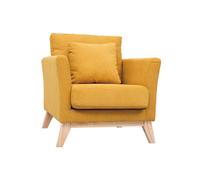 Fauteuil scandinave déhoussable en tissu effet velours jaune moutarde et bois clair OSLO