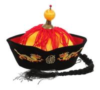 Milisten Chapeau Chinois Style Qing avec Queue de Cheval Tressée, Accessoire Cosplay Décoratif pour Fête et Théâtre, Chapeau Cour Royale en Carton Léger, Taille Adulte, Noir et Imprimé
