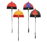 Milisten Lot de 4 Chapeaux D'empereur Chinois Qing Taille 9 Adulte, Bonnet Impérial Rouge-bleu, Rouge-noir, Jaune Bord Rouge et Motif Prunier, Accessoire de Costume Traditionnel D’opéra
