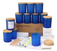 MILIVIXAY Lot de 12 pots à bougies en verre bleu givré de 350 ml avec couvercles et kits de fabrication de bougies - Pots à bougies vides en vrac pour la fabrication de bougies - Conteneurs à épices