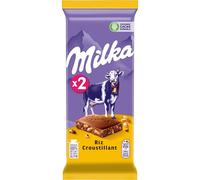 MILKA - 2 Tablettes de Chocolat au Lait Milka et Riz Croustillant 100g - Chocolat au Tendre du Pays Alpin - Lot de Tablettes de Chocolat Riz Croustillant - Lot de 2x100g