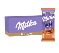 MILKA - 42 Tablettes de Chocolat au Lait Milka Caramel 100g - Chocolat au Tendre Lait du Pays Alpin et Caramel - Lot de Tablettes de Chocolat Milka Caramel - Lot de 42x100g