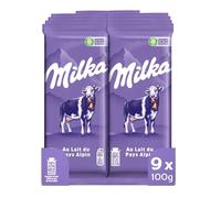 MILKA - 9 Tablettes de Chocolat au Lait Milka 100g - Chocolat au Tendre Lait du Pays Alpin - Lot de Tablettes de Chocolat au Lait - Lot de 9x100g
