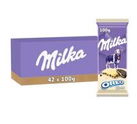 Milka - Chocolat Blanc et Éclats de Biscuits Oreo - 42x100g | 42 Tablettes de 100g | Tendre chocolat blanc Milka avec morceaux de biscuits Oreo croustillants | Idéal pour une pause