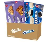 Milka - La Boîte Plaisir Milka Oreo Assortiment de Biscuits : Milka Cookies Sensations (x4), Milka Choco & Cake (x2), Oreo Enrobé Chocolat Blanc (x2), Oreo Classique Vanille (x3) - Lot de 2,33kg