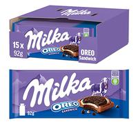 Milka OREO Sandwich chocolat de table 15 x 92 g, chocolat délicat Milka au lait des Alpes avec 10 mini biscuits originaux OREO