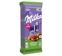 Milka - Tablette Chocolat au Lait et Noisettes Entières - Idéale à Partager au Goûter - 4 Tablettes (100 g)
