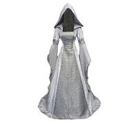 Millenniums Médiéval Déguisement Adulte Maxi Robe à Capuche Manches évasées Cosplay Vampire Sorcière Reine Costume pour Halloween Toussaint Carnaval Drame Fête Grande Taille S-5XL (Gris, S,34)
