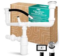 Millto Siphon Double Pour Évier À Deux Cuves 6/4'' 40/50 mm Bouteille Anti Odeur Avec Connexion Lave Vaisselle Lave Linge Entrée Eau Crépine Métallique Plastique Système Évacuation Cuisine