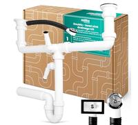 Millto Siphon Pour Évier Double 6/4'' 50 mm Ensemble Évacuation Tubulaire Avec Trop Plein Raccord Polypropylène Blanc Cuisine Installation Simple Connexion Appareil