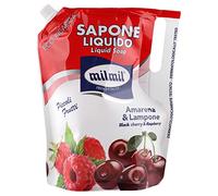 milmil Savon Liquide Amarena et Framboise 900 ml, Savon Recharge Éco, Savon Mani, Savon Visage, Savon Corpo, pH Physiologique, Dermatologiquement Testé