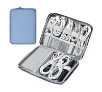 miloocul Organiseur de cordon en cuir imperméable - Sac de rangement de câbles de voyage portable - Étui de voyage pour chargeur d'accessoires électroniques (gris et bleu, simple couche, taille L)