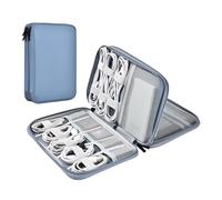 Miloocul Organiseur de cordon en cuir, sac de rangement technique imperméable, étui de voyage portable pour chargeur et accessoires électroniques (gris et bleu, double couche, taille S)
