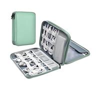 Miloocul Organiseur de cordon en cuir, sac de rangement technique imperméable, étui de voyage portable pour chargeur et accessoires électroniques (vert clair, double couche, grand)