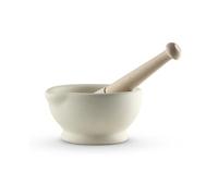 Milton Brook Ajoutez plus de saveur à vos repas avec ce mortier et pilon non émaillé idéal pour un broyage sans tracas, manche en bois de hêtre, porcelaine vitrifiée, blanc