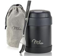 Milu Boîtes Alimentaires Isothermes 300ml I 440ml, Boîte Isotherme Repas Chaud Porte-Aliments en Acier Inoxydable à Double Couche, Cuillère Pliante pour Ecole, Bureau (300ml/Noir)