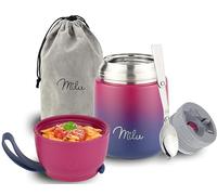 Milu Boîtes Alimentaires Isothermes 450 ml Boîte Isotherme Repas Chaud Porte-Aliments en Acier Inoxydable à Double Couche, Cuillère Pliante pour Ecole, Bureau (450ml/Berry Bleu)