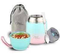 Milu Boîtes Alimentaires Isothermes 450 ml Boîte Isotherme Repas Chaud Porte-Aliments en Acier Inoxydable à Double Couche, Cuillère Pliante pour Ecole, Bureau (450ml/Rose menthe)