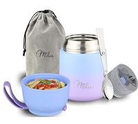 Milu Boîtes Alimentaires Isothermes 450 ml Boîte Isotherme Repas Chaud Porte-Aliments en Acier Inoxydable à Double Couche, Cuillère Pliante pour Ecole, Bureau (450ml/Bleu Violet)