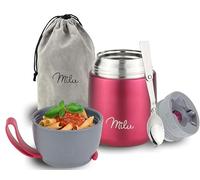 Milu Boîtes Alimentaires Isothermes 450ml I 650ml I 800ml, Boîte Isotherme Repas Chaud Porte-Aliments en Acier Inoxydable à Double Couche, Cuillère Pliante pour Ecole, Bureau (450ml/Berry)