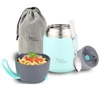 Milu Boîtes Alimentaires Isothermes 450ml I 650ml I 800ml, Boîte Isotherme Repas Chaud Porte-Aliments en Acier Inoxydable à Double Couche, Cuillère Pliante pour Ecole, Bureau (450ml/Menthe)
