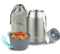 Milu Boîtes Alimentaires Isothermes 450ml I 650ml I 800ml, Boîte Isotherme Repas Chaud Porte-Aliments en Acier Inoxydable à Double Couche, Cuillère Pliante pour Ecole, Bureau (650ml/Gris)
