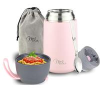 Milu Boîtes Alimentaires Isothermes 450ml I 650ml I 800ml, Boîte Isotherme Repas Chaud Porte-Aliments en Acier Inoxydable à Double Couche, Cuillère Pliante pour Ecole, Bureau (800ml/Rose)