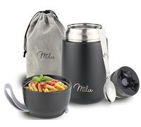 Milu Boîtes Alimentaires Isothermes 450ml I 650ml I 800ml, Boîte Isotherme Repas Chaud Porte-Aliments en Acier Inoxydable à Double Couche, Cuillère Pliante pour Ecole, Bureau (650ml/Noir)