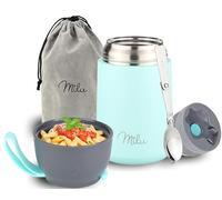 Milu Boîtes Alimentaires Isothermes 450ml I 650ml I 800ml, Boîte Isotherme Repas Chaud Porte-Aliments en Acier Inoxydable à Double Couche, Cuillère Pliante pour Ecole, Bureau (650ml/Menthe)