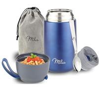 Milu Boîtes Alimentaires Isothermes 450ml I 650ml I 800ml, Boîte Isotherme Repas Chaud Porte-Aliments en Acier Inoxydable à Double Couche, Cuillère Pliante pour Ecole, Bureau (800ml/Bleu marine)