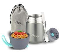 Milu Boîtes Alimentaires Isothermes 450ml I 650ml I 800ml, Boîte Isotherme Repas Chaud Porte-Aliments en Acier Inoxydable à Double Couche, Cuillère Pliante pour Ecole, Bureau (450ml/Gris)