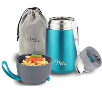 Milu Boîtes Alimentaires Isothermes 450ml I 650ml I 800ml, Boîte Isotherme Repas Chaud Porte-Aliments en Acier Inoxydable à Double Couche, Cuillère Pliante pour Ecole, Bureau (650ml/Verde)