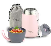 Milu Boîtes Alimentaires Isothermes 450ml I 650ml I 800ml, Boîte Isotherme Repas Chaud Porte-Aliments en Acier Inoxydable à Double Couche, Cuillère Pliante pour Ecole, Bureau (650ml/Rose)