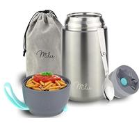 Milu Boîtes Alimentaires Isothermes 450ml I 650ml I 800ml, Boîte Isotherme Repas Chaud Porte-Aliments en Acier Inoxydable à Double Couche, Cuillère Pliante pour Ecole, Bureau (800ml/Gris)