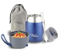 Milu Boîtes Alimentaires Isothermes 450ml I 650ml I 800ml, Boîte Isotherme Repas Chaud Porte-Aliments en Acier Inoxydable à Double Couche, Cuillère Pliante pour Ecole, Bureau (450ml/Bleu marine)