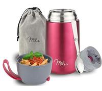 Milu Boîtes Alimentaires Isothermes 450ml I 650ml I 800ml, Boîte Isotherme Repas Chaud Porte-Aliments en Acier Inoxydable à Double Couche, Cuillère Pliante pour Ecole, Bureau (800ml/Berry)
