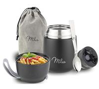 Milu Boîtes Alimentaires Isothermes 450ml I 650ml I 800ml, Boîte Isotherme Repas Chaud Porte-Aliments en Acier Inoxydable à Double Couche, Cuillère Pliante pour Ecole, Bureau (450ml/Noir)