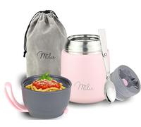 Milu Boîtes Alimentaires Isothermes 450ml I 650ml I 800ml, Boîte Isotherme Repas Chaud Porte-Aliments en Acier Inoxydable à Double Couche, Cuillère Pliante pour Ecole, Bureau (450ml/Rose)